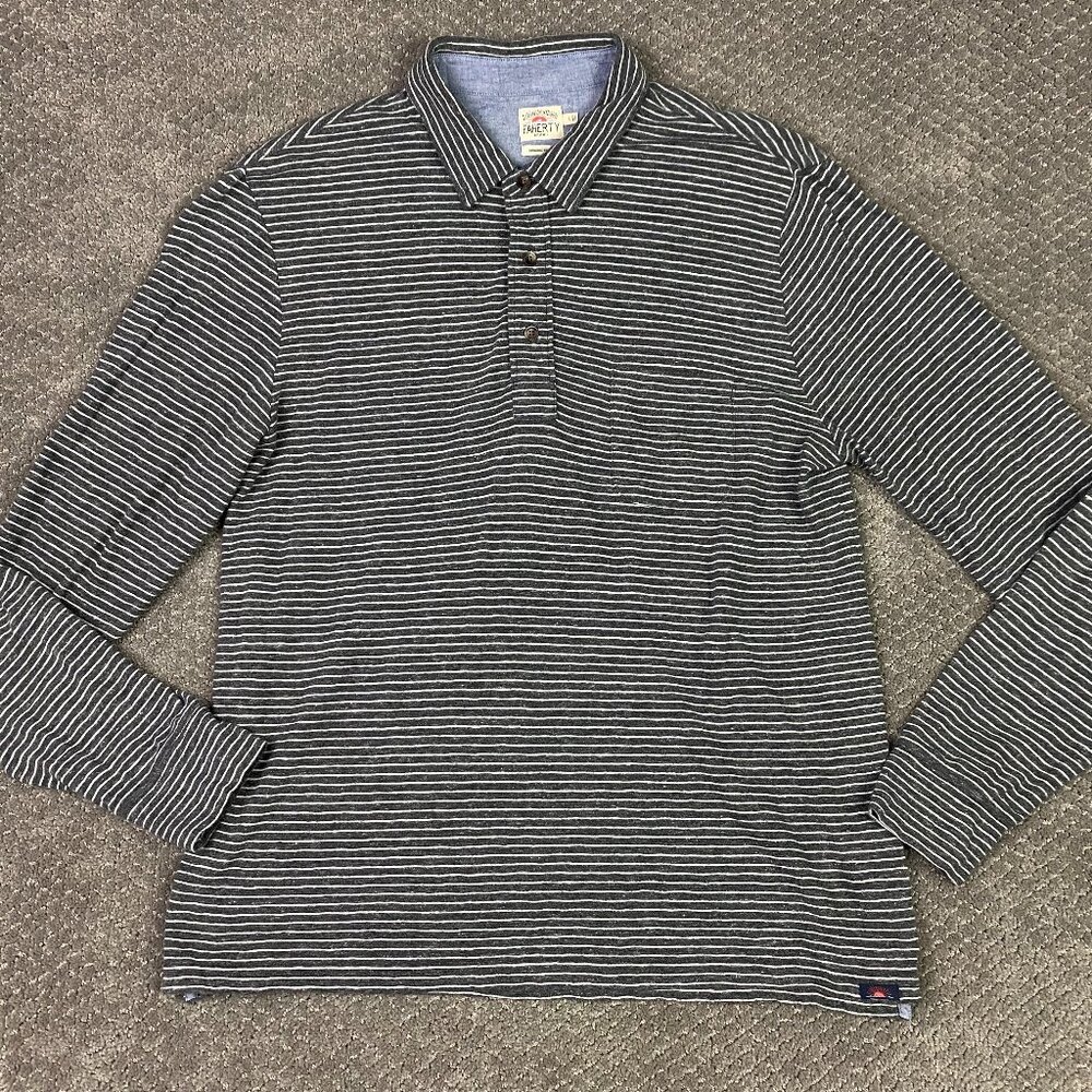 Faherty Polo Shirt Mens Large Gray Stripe Lux Striped Long Sleeve Organic Cotton